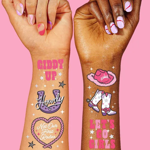 xo, Fetti Tatuajes temporales para fiesta de cumpleaños de Rodeo, 46 estilos plateados, decoraciones de cumpleaños, accesorio de vaquera Giddy Up,