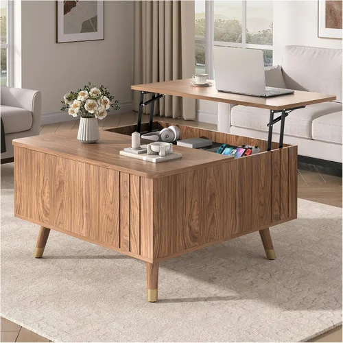 JOINICE - Mesa auxiliar cuadrada con tapa elevable para sala estar u oficina en casa, con almacenamiento, compartimento oculto, estilo moderno Nogal