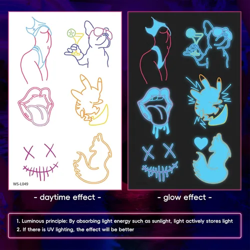 Miniatura 6 de 56 diseños que brillan en la oscuridad tatuajes (10 hojas) – Tatuajes temporales luminiscentes azules, suministros de fiesta brillantes para fiestas