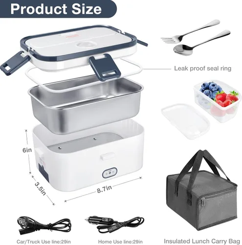 Miniatura 7 de hatisan Fiambrera eléctrica, calentador de alimentos portátil, lonchera térmica, contenedor de almuerzo calentador para adultos, 60 W, 1.8 L, 12