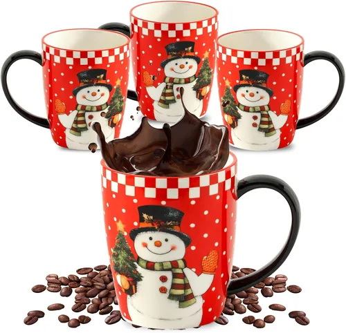 Tazas de café HASENSE, juego de 4 tazas de cerámica de 15 oz con asa y patrones de muñecos de nieve para hombre mujer, juego de tazas de porcelana