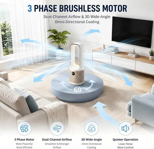 Miniatura 9 de Ventilador de escritorio, pequeño ventilador silencioso sin aspas con ajuste de 9 velocidades y 3 modos de luz, recargable por USB de 14 pulgadas