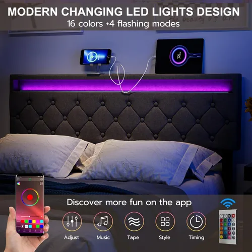 Miniatura 4 de IKIFLY Cabecera tapizada tamaño Queen con luces LED, puerto USB y tipo C, altura ajustable de 39.4 a 43.3 pulgadas, altura ajustable, solo tablero