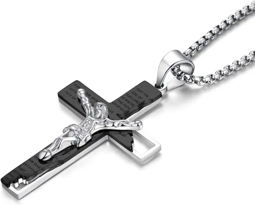 YL Collar de cruz de acero inoxidable con colgante de crucifijo para hombre cadena Rolo de Jesucristo joyería de oración del Señor