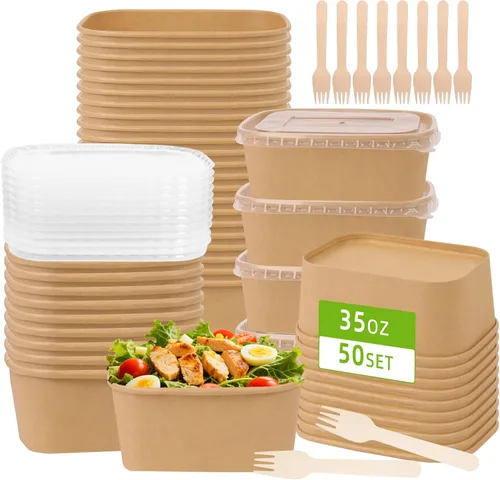 Miniatura 13 de Paquete de 50 recipientes de comida de papel de 19 onzas con tapas, recipientes de preparación de comidas, cuencos de papel grandes desechables