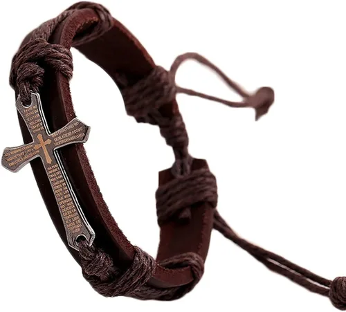Pulseras de cuero de la cruz de la Biblia ajustable vintage tejida hecha a mano trenzada cuerda de envoltura religiosa etiqueta de la fe encanto de