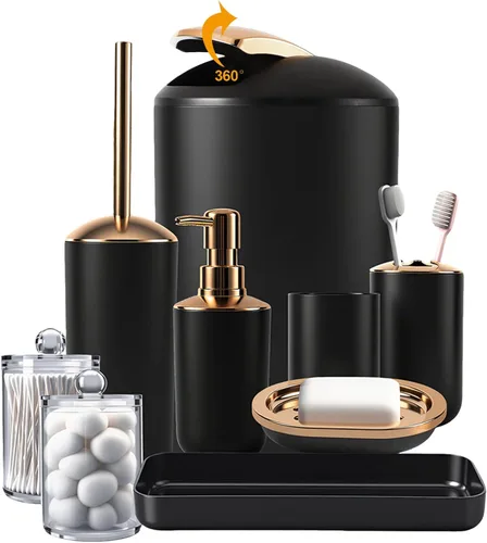 Miniatura 20 de BSSN Juego de 25 accesorios de baño negros y dorados con cortina de ducha y alfombras, basura, cepillo de inodoro, dispensador de jabón, soporte