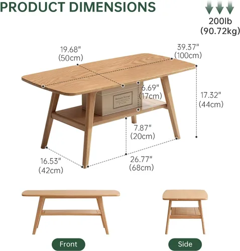 Miniatura 2 de Mesa de centro 100% de madera de roble macizo para sala de estar, mesas de centro pequeñas de 2 niveles con almacenamiento en estantes, mesa moderna