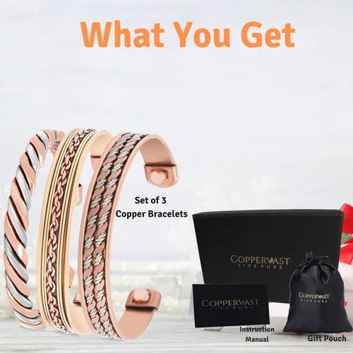 Miniatura 18 de Pulseras de cobre para hombres y mujeres Juego de 3 con caja de regalo Hecho a mano 100% cobre Regalo para mujeres y hombres