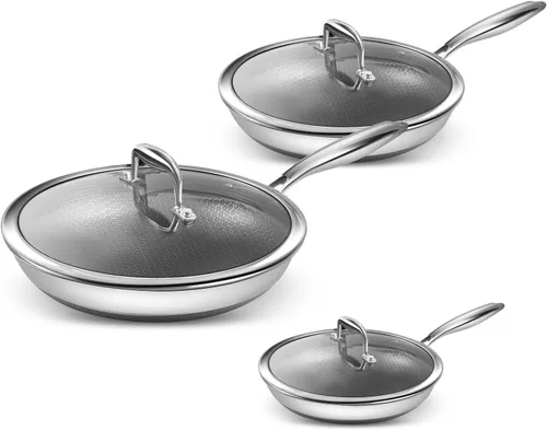 Miniatura 7 de Juego de sartenes antiadherentes, sartenes de 8, 10 y 12 pulgadas, 6 sartenes híbridas antiadherentes de acero inoxidable 18/10 con tapa, compatible