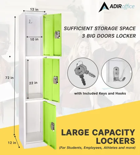 Miniatura 3 de AdirOffice Armario escolar grande con 3 puertas y 3 ganchos para almacenamiento de garaje, armarios de almacenamiento de oficina (3 puertas, verde)