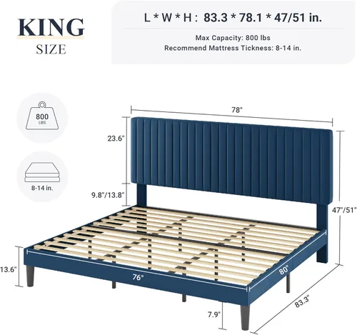 Miniatura 2 de Allewie - Base de cama tamaño King con cabecera acolchada tapizada en terciopelo y diseño acanalado vertical ajustable; plataforma de cama con base