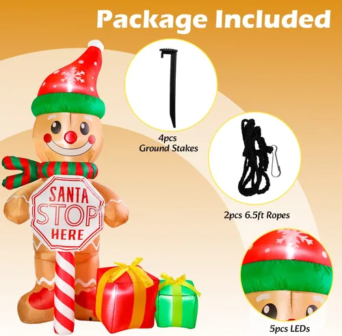 Miniatura 2 de Letrero de 7.5 pies "Santa Stop Here" Hombre de Jengibre Inflable de Navidad con Luces LED, Decoraciones Inflables para Patio Exterior, Césped