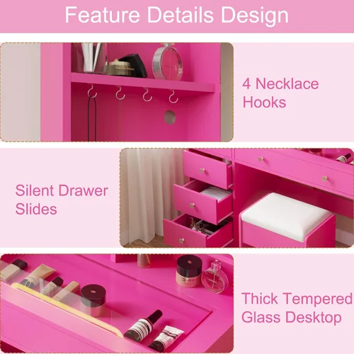 Miniatura 7 de Karl home Tocador de maquillaje con espejo iluminado, escritorio para dormitorio con estación de carga, juego de tocador grande con escritorio