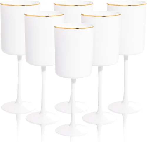 Ciaell Paquete de 12 copas de vino de plástico blanco con tallo – Copas de vino desechables blancas y doradas de 10 onzas para fiestas, Navidad,