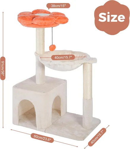 Miniatura 5 de Árbol de flores para gatos de 34 pulgadas, torre pequeña para gatos grandes, con hamaca grande de 15.7 pulgadas, cama superior extraíble