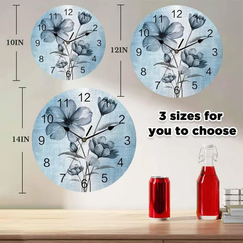 Miniatura 4 de Reloj de pared de flores azules, 10 pulgadas, silencioso, sin tictac, estilo retro, funciona con pilas, elegante reloj floral degradado