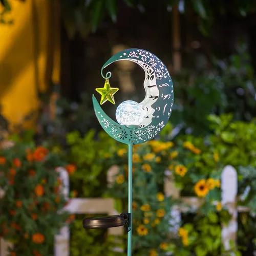 Miniatura 2 de Hapjoy - Luces solares para exteriores, decoración de jardín para patio, césped o camino, decoraciones de luna, luces de estaca de metal con diseño