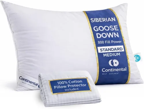 Continental Bedding Almohada de plumón de ganso siberiano 800 relleno de plumón de ganso blanco, 400 hilos, 100% algodón, suave, media firme,