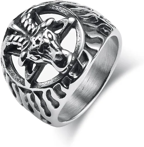 Anillo de acero inoxidable para cabeza de cabra con pentagrama, baphomet, zodiaco de Aries, motociclista, gótico, punk, hiphop, joyería para