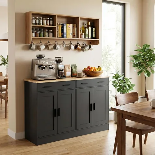 Miniatura 3 de Anystyle Armario de buffet negro de 53 pulgadas con almacenamiento, aparador de cocina, servidor de buffet con 2 cajones y 4 puertas, moderno