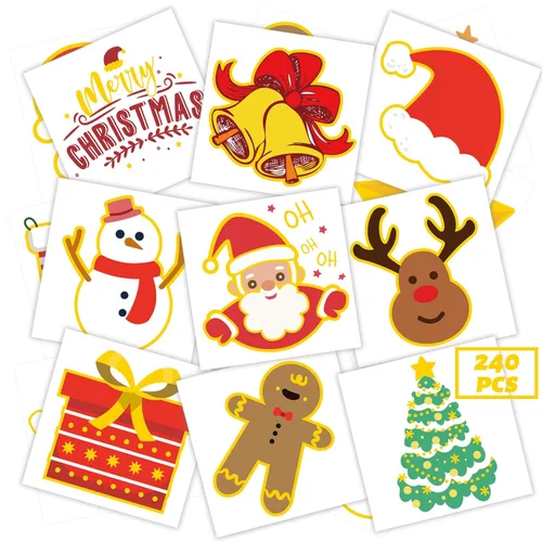 240 tatuajes temporales de Navidad para niños, tatuajes impermeables envueltos individualmente con purpurina, la mejor opción para rellenos de
