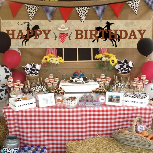 Miniatura 4 de Labakita Cartel grande de feliz cumpleaños de vaquero occidental, decoraciones de fiesta temática occidental para niños y hombres