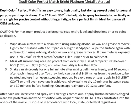 Miniatura 6 de Dupli-Color EBCC04177 Perfect Match Pintura en Aerosol Automotriz – Chrysler Bright Platinum Metallic, PS4/MS4 – Lata de Aerosol de 8 oz