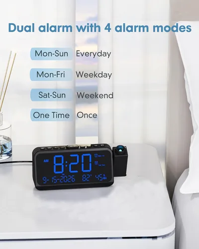 Miniatura 5 de Roxicosly - Despertador de proyección para techo de dormitorio, 118 dB súper fuerte para personas que duermen mucho, pantalla digital grande de 6.7