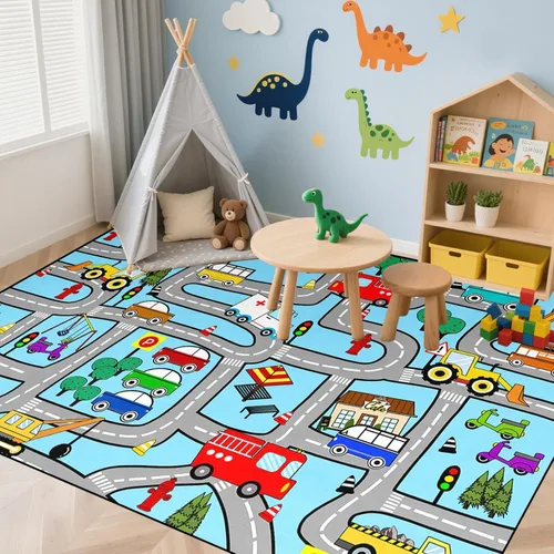 Miniatura 26 de Alfombras de construcción para habitación de niños de 2 x 3 pies, alfombra de juego para autos y camiones, alfombra de coche para niños, alfombra