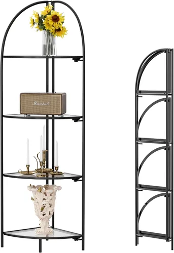 Miniatura 15 de Crofy Estante esquinero plegable de 3 niveles, soporte de esquina de metal para plantas con marco negro y estantes negros, estante de exhibición