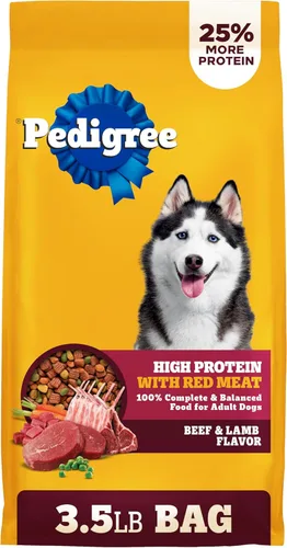 Pedigree Alimento seco para perros adultos con alto contenido de proteínas, sabor a carne de res y cordero, bolsa de 3.5 libras