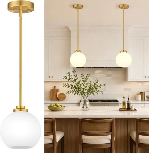 Paquete de 2 luces colgantes de vidrio ajustable de 22 a 50 pulgadas de altura para isla de cocina, luces colgantes de globo dorado cepillado con