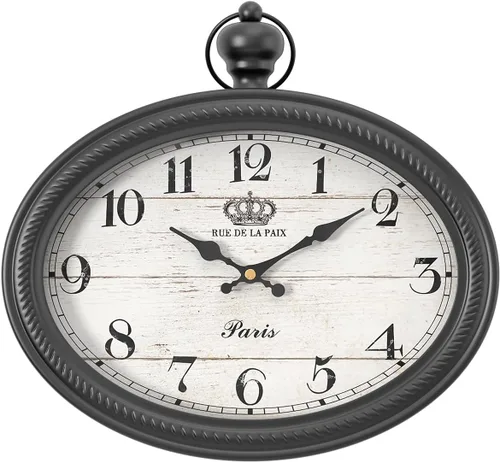 Reloj de Pared Ovalado Retro. Estilo Vintage Antiguo Negro. Relojes de Pared Decorativos que Funcionan con Batería para Casa de Campo, Sala de