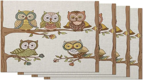 Moslion Juego de 4 manteles individuales de cinco búhos sentados en las ramas de pájaros, diseño de animales divertidos y hojas verdes, manteles