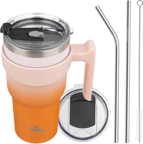 Miniatura 38 de Konokyo - Vaso de 10 onzas con asa y 2 popotes, 2 tapas, botella de agua aislada de acero inoxidable, taza de viaje reutilizable, color verde militar