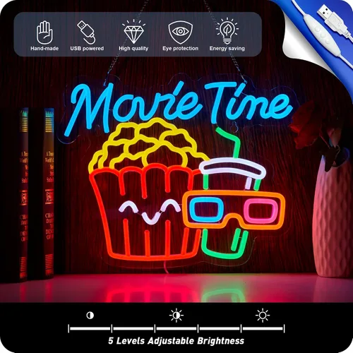 Miniatura 4 de Movie Time - Letrero de neón para sala de cine de palomitas de maíz, luz LED, alimentada por USB, para decoración de pared, sala de cine, fiesta