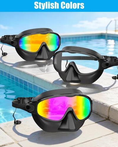 Miniatura 9 de Aegend Gafas de natación con cubierta de nariz para adultos, paquete de 2 gafas de natación de visión amplia, antiniebla/UV, sin fugas, para hombres