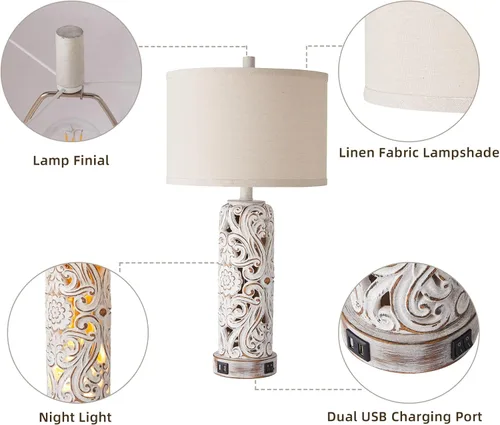 Miniatura 7 de Lámparas de mesa rústicas para sala de estar y dormitorio Lámpara de noche vintage con doble puerto USB, lámparas retro de resina blanca antigua