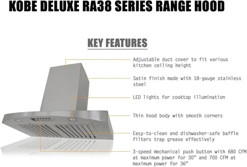 Miniatura 2 de KOBE RA3830SQB-WM-5 Deluxe 30" Campana extractora para montaje en pared, 3 velocidades, 680 CFM, luces LED, filtros deflectores, acero inoxidable