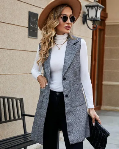 Miniatura 4 de Kedera Chaleco largo de un solo pecho para mujer, casual, sin mangas, con bolsillo, ropa de abrigo larga