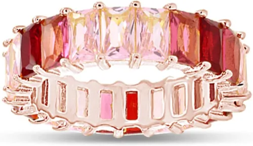 AFFY Anillo de arco iris de corte esmeralda de 4 puntas, chapado en oro rosa de 18 quilates, circonita cúbica multicolor, anillo apilable, anillos