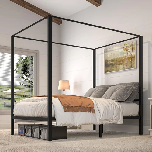 Miniatura 10 de YITAHOME Marco de cama de metal con dosel de cuatro pósteres, plataforma de cama de 14 pulgadas con cabecera incorporada, soporte de colchón