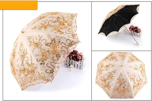 Miniatura 63 de Honeystore Sombrilla bordada con flor 3D plegable UV con encaje clásico