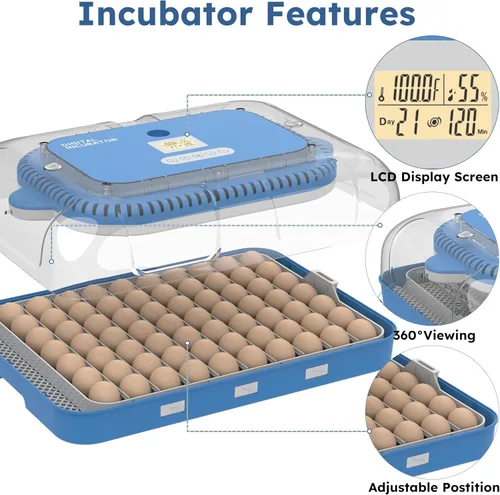 Miniatura 9 de Incubadora de huevos para incubar 70 huevos de pollo, pato, codorniz y ganso - Girador automático de huevos, control de humedad y temperatura, vela