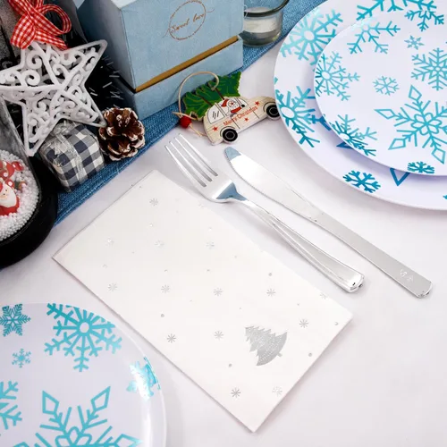 Miniatura 8 de WDF Juego de 175 piezas de platos y servilletas navideños desechables para 25 invitados, platos blancos y azules con cubiertos, vasos con copos