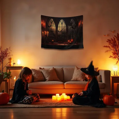 QGHOT Tapiz de Halloween para colgar en la pared, tapiz de castillo de terror con ventana gótica, fondo espeluznante medieval, tapices para