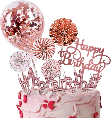 Decoración de pastel de oro rosa con velas de feliz cumpleaños, decoración de pastel de cumpleaños acrílico, globo de confeti y abanicos de papel