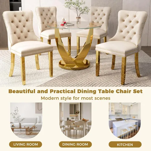 Miniatura 8 de Juego de mesa de comedor redonda de vidrio de 38.9 pulgadas para 4, mesa de cocina redonda dorada con 4 sillas decorativas de terciopelo tapizadas