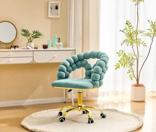 Miniatura 9 de Velvet Swivel Desk Chair with Bubble Back, Adjustable Height Computer Chair with Gold Metal Base, Modern Rolling Vanity Chair for Home Office (Beige)